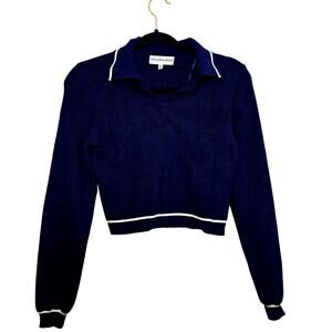 Willow & Wind Cropped Polo Sweater Size M Navy White Trim Collared Preppy